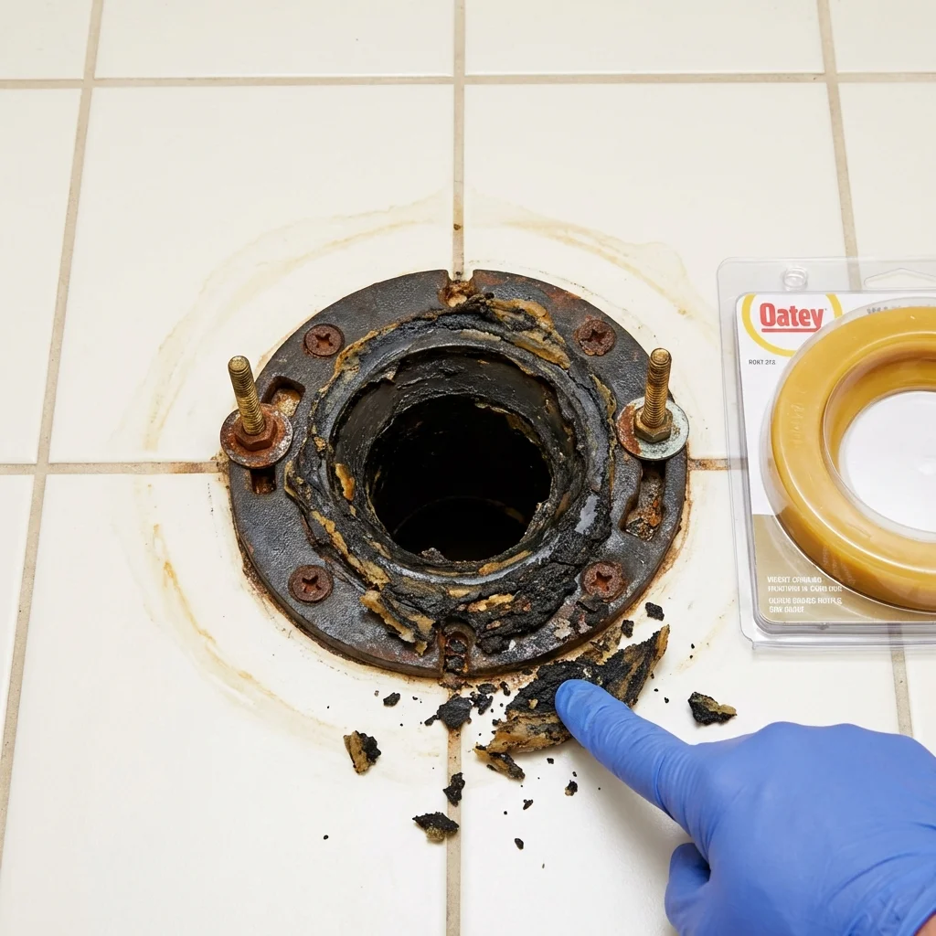 Failed wax ring showing water seepage at the base of a toilet in a Bowling Green, MO home
