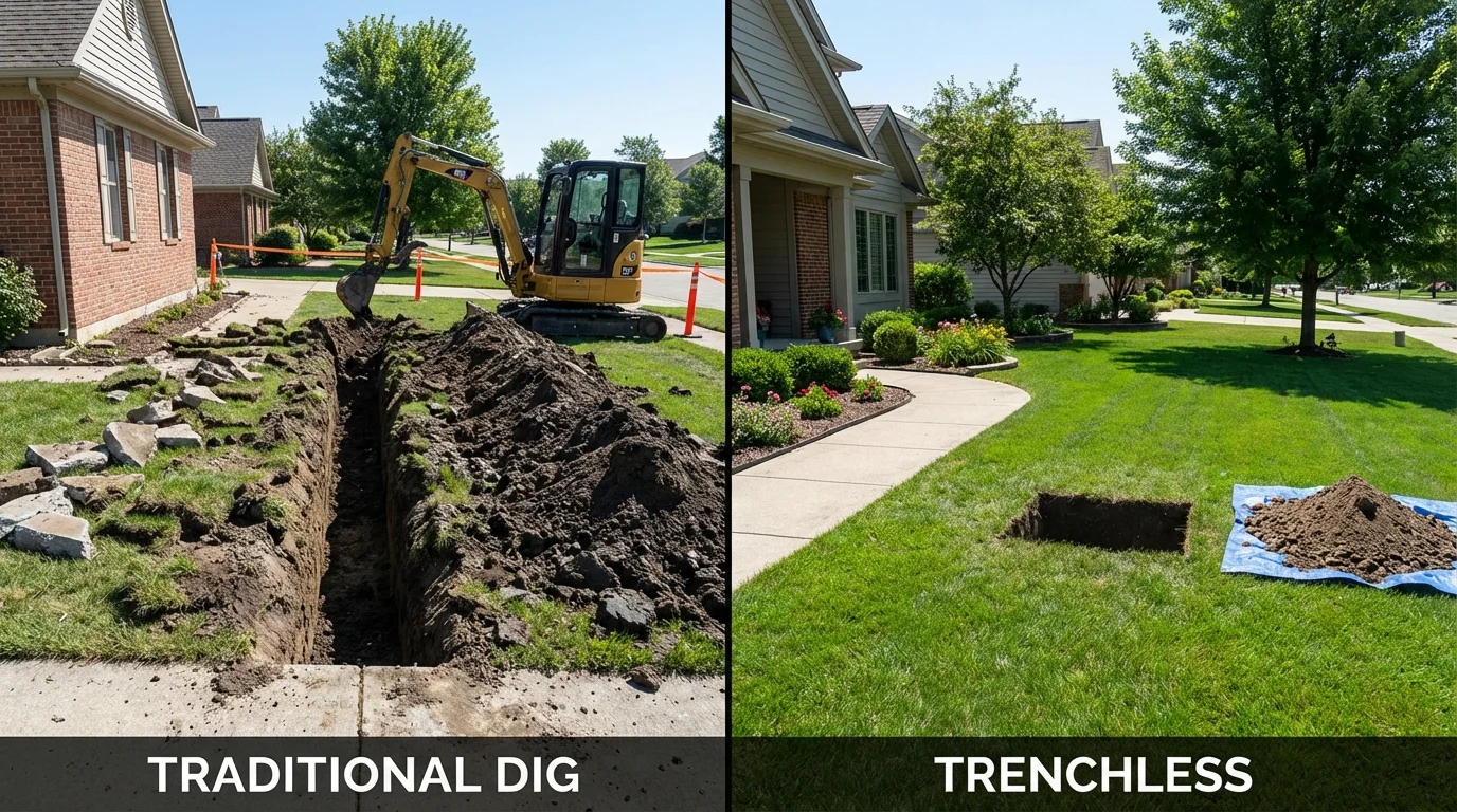 Trenchless sewer repair with minimal yard damage versus traditional excavation in Bowling Green, MO