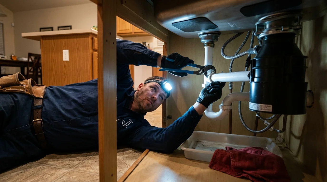 P-trap and supply line connections under a kitchen sink showing a common leak point in Bowling Green, MO